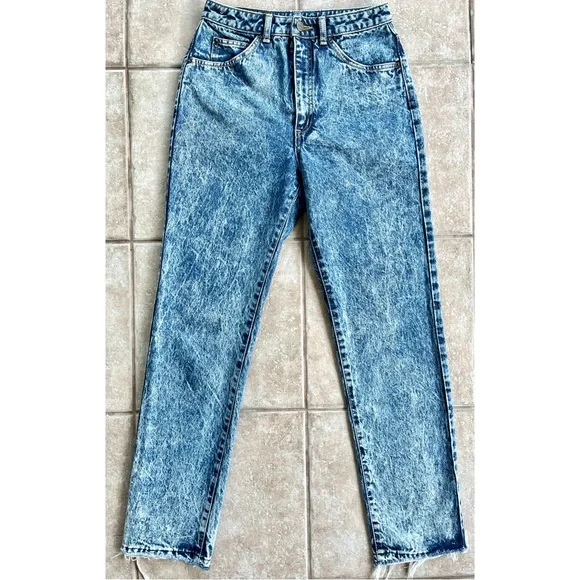 Vintage 80s EDWIN Acid Wash Blue Denim Jeans High Rise Straight Leg Raw Hem 32” - Picture 6 of 13